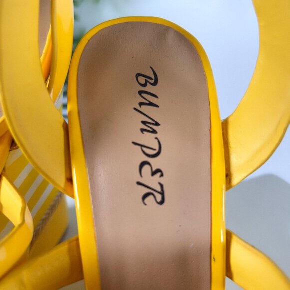 Vintage Y2K Yellow Striped Boho Strappy Open Toe Sandals Platform Wedge Heels /7 - Picture 7 of 8